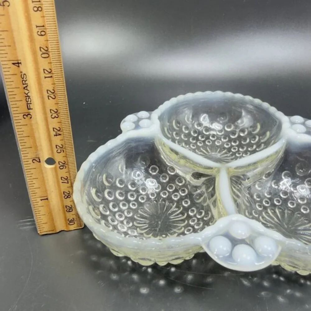 Anchor Hocking Moonstone Clear Opalescent Hobnail Relish Dish 3 Parts Glass Dish
